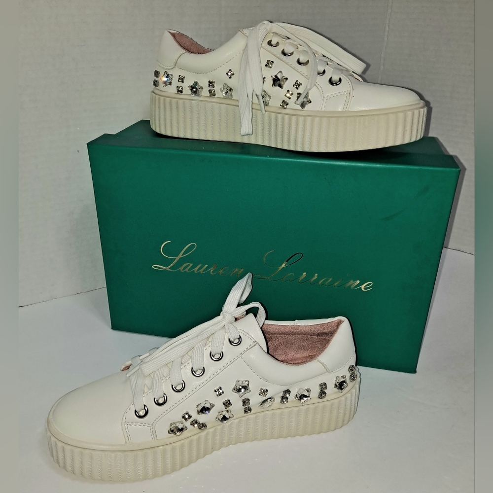 Lauren Lorraine White Embellished Bling Sneakers Studded Stars Rhinestones NIB